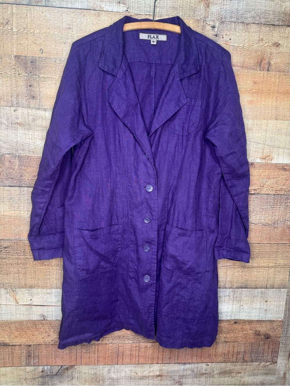 FLAX Womens Sz M Blazer Linen Jacket Purple Lagenlook Work Wear Pockets Business